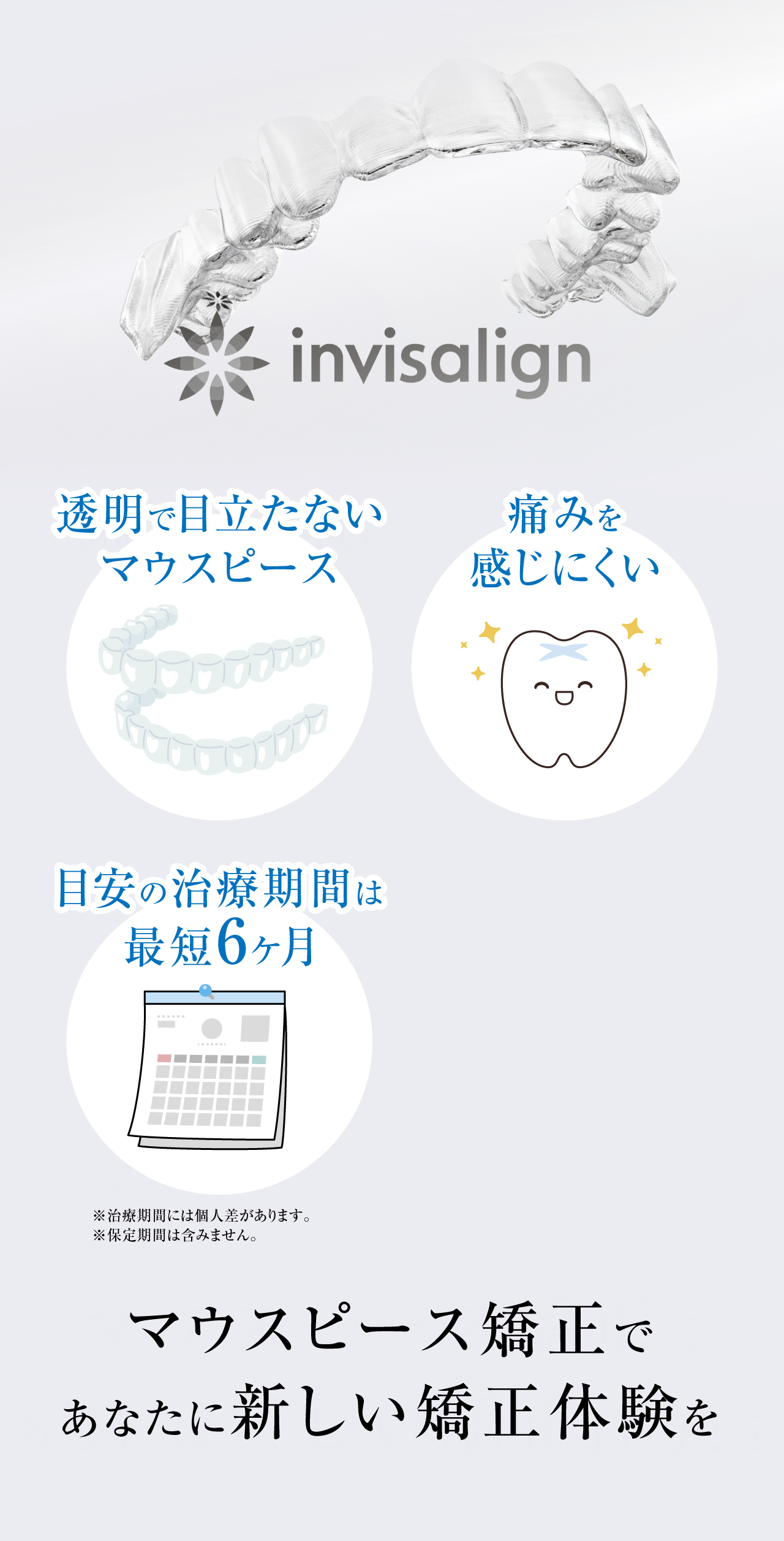 インビザライン。透明で目立たないマウスピース。痛みを感じにくい。目安の治療期間は最短6ヶ月。※治療期間には個人差があります。※保定期間は含みません。ホワイトニングも同時に可能。※使用のタイミングは歯科医師までご相談ください。マウスピース矯正であなたに新しい矯正体験を