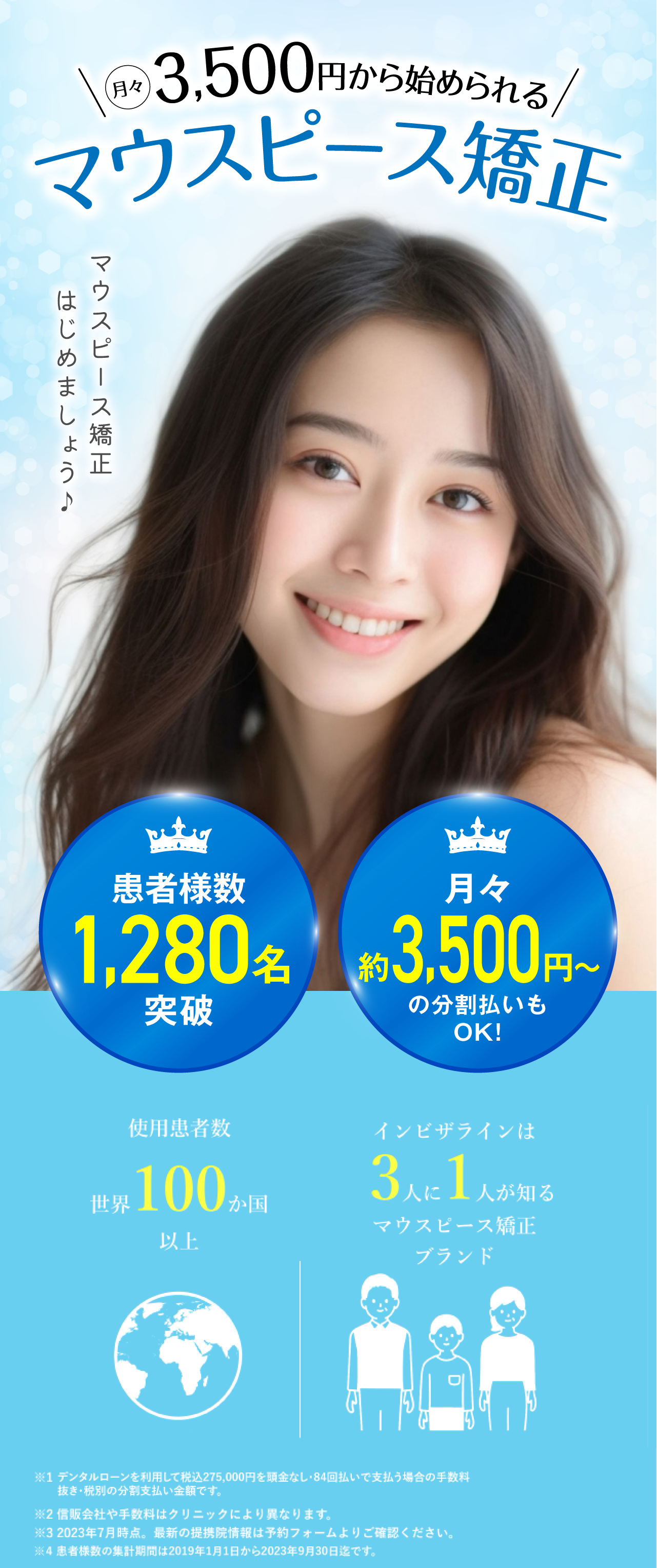 月々9,000円から始められるマウスピース矯正。今流行のマウスピース矯正、はじめましょう♪患者様数1,280名。月々約9,000円の分割払いもOK。使用患者数世界100か国以上。インビザラインは3人に1人が知るマウスピース矯正ブランド。※1 デンタルローンを 利用して7回コース（税込660,000円）を頭金なし・72回払いで支払う場合の手数料抜き・税別の分割支払金額です。※2 信販会社や手数料はクリニックにより異なります。※3 2023年7月時点。最新の提携院情報は予約フォームよりご確認ください。