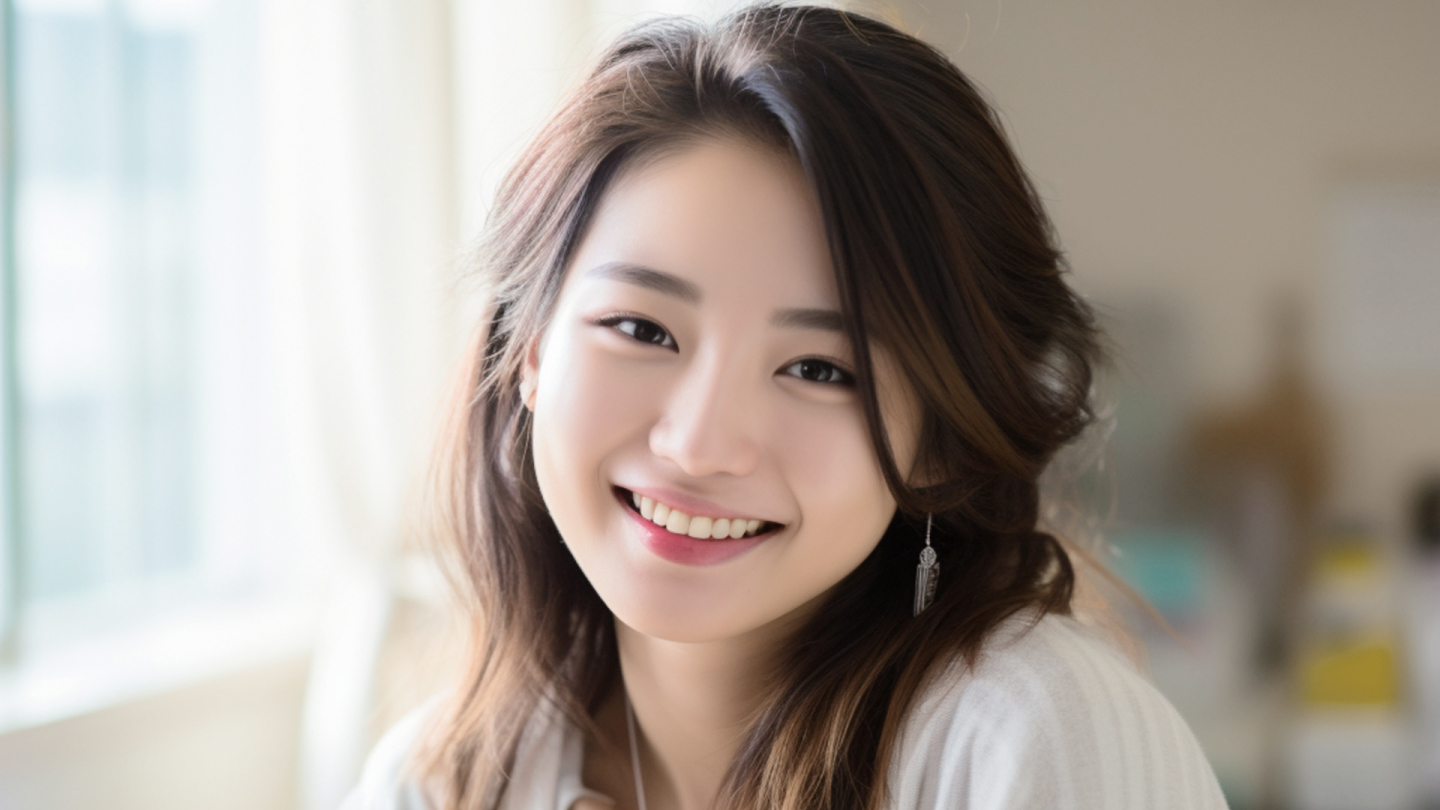 笑って白い歯を見せる女性